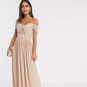 ASOS DESIGN premium lace and pleat bardot maxi dress in champagne NWT